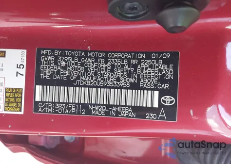 2009 Toyota Prius from USA, damaged, VIN JTDKB20U593533958